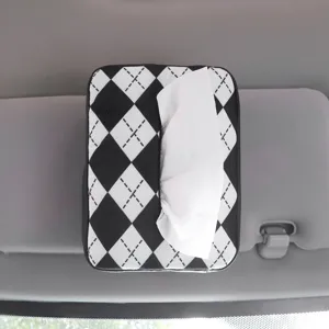 Car sun visor tissue box holder black white argyle pattern PU leather hanging organizer.