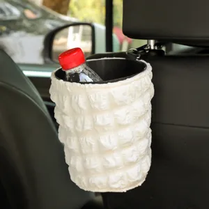 Car trash can, puffy white hanging garbage bin for auto back seat car organizer.