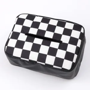 Black and white checkered car tissue box, PU leather and canvas holder for vehicle interior.