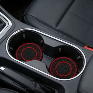 Car cup holder coasters set, anti-slip rubber mats with red ring honeycomb detail for auto console.
