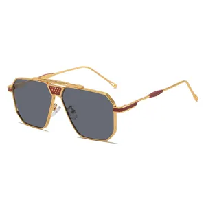 Lunettes de soleil métal homme mode, grandes lunettes polygonales de luxe, protection UV.