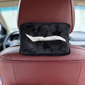 Caja de pañuelos de felpa negra para coche reposacabezas colgante accesorio interior de auto