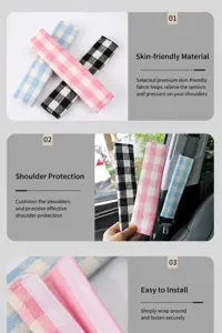 Car seat belt cover detail featuring soft plaid fabric and velcro closure for comfortable driving.