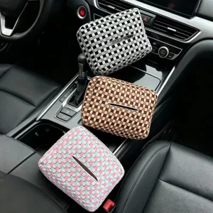 Woven plaid car tissue box holder, cute fabric hanging tissue cover for auto interior decor