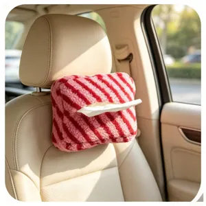 Boîte à mouchoirs en peluche mignonne pour voiture à rayures rouges et roses, appui-tête.