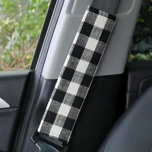 Black and white checkered car seatbelt shoulder pad soft fabric anti-wear auto interior accessory