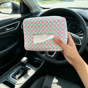 Checkered plush car tissue box cute pink blue checkered auto napkin holder interior decor