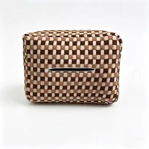 Brown and white checkered fabric tissue box cover, stylish car interior accessory holder.