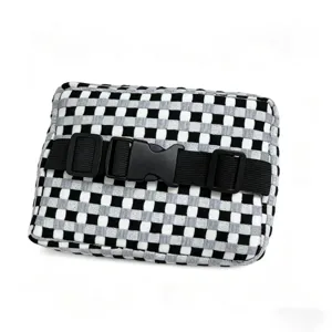 Black and white checkered car tissue box with elastic strap and buckle for vehicle interior.
