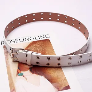 White double grommet belt punk style women leather belt metal eyelet fashion accessory