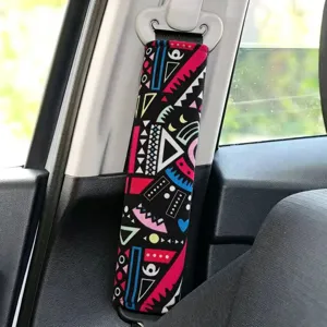 Bohemian style geometric pattern car seat belt shoulder pad, black base decorative cover.