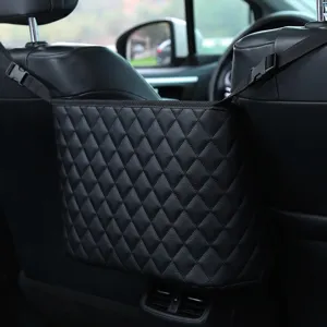 Organizador de asiento de coche de cuero negro de alta calidad entre asientos delanteros.