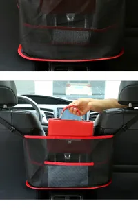 Autostoel opbergnet organizer, zwarte gaaszak houder tussen de voorstoelen.