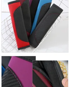 Carbon fiber texture car seatbelt shoulder pad detail view, premium leather color block design.