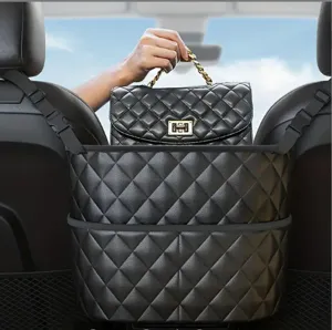 Organizador de asiento de coche acolchado negro, bolsa de almacenamiento de cuero.
