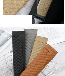 Detailed view of quilted leather car seat belt shoulder pads in assorted colors for comfort.