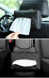 Car tissue box universal leather hanging organizer for auto seat back and armrest console.