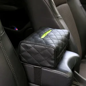 Universal car leather tissue box holder, black quilted armrest storage organizer for auto.