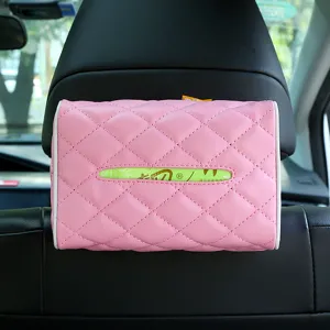 Pink leather car tissue holder, hanging auto napkin dispenser for seat back, PU leather organizer.