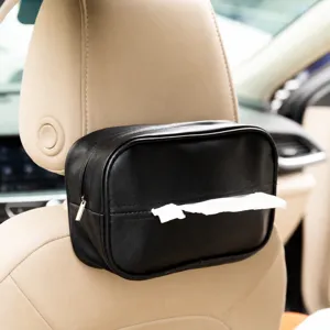 Caja de panuelos para coche de cuero negro soporte colgante para reposacabezas.
