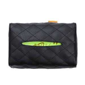 Black leather car tissue box holder, diamond quilted automotive sun visor hanging organizer.