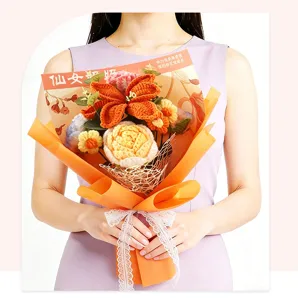 Detailed view of the handmade crochet carnation and sunflower yarn flower bouquet for gift.