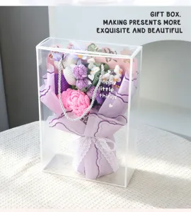Handmade crochet flower bouquet in clear gift box, perfect for mothers day and festival gifts.