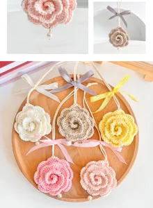 Handmade crochet rose car hanging ornament with ribbon and pearl, rearview mirror decor.