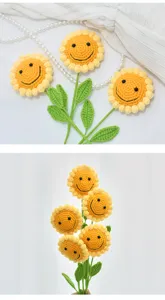 Handgearbeiteter Häkel-Sonnenblumenstrauch Detail, süße Wollblumen für Geschenke.