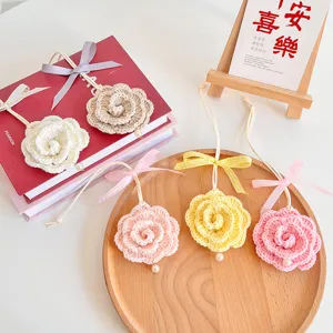 Handmade crochet rose car hanging ornament, cute rearview mirror decor gift for women and girls.