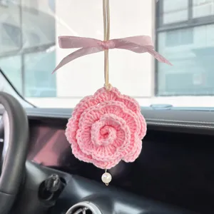 Handmade crochet pink rose car hanging ornament cute rearview mirror pendant for gift