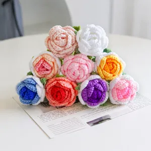 Handmade Knitted Rose Flower Crochet Everlasting Flower Wool Yarn Bouquet For Home Decor Valentine Day Gift