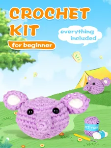 Kit uncinetto principianti con bambola elefante viola, ideale per amanti del fai da te e hobby.