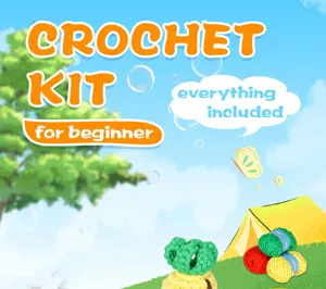Beginner crochet kit detail showing colorful yarn rolls and cute handmade woven pieces clearly.