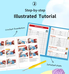 Manuale tutorial di uncinetto inglese passo dopo passo dettagliato con punti e parti di Babbo Natale.