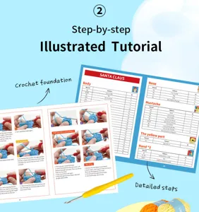 Manuale di istruzioni per kit all'uncinetto con tutorial illustrato e schemi dettagliati.