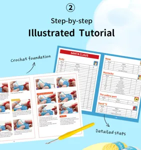 Pagina di manuale di uncinetto dettagliata con tutorial passo passo e schemi grafici.