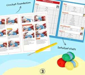 Detailed crochet instruction manual and step guide for DIY Santa Claus craft kit components.