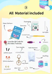 Dettaglio kit uncinetto con filato, ago, imbottitura, occhi di sicurezza e schema.
