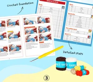 Page de détail de kit de crochet DIY avec instructions étape par étape et pelotes de laine.