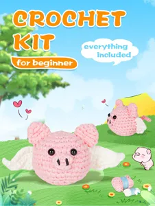 Beginner crochet kit with pink winged pig yarn balls, DIY craft handmade weaving set for hobbyists.