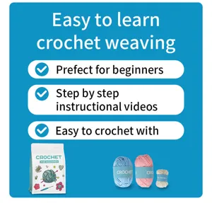 Grafica di dettaglio del kit per uncinetto principianti con gomitoli di filato colorato e guide.