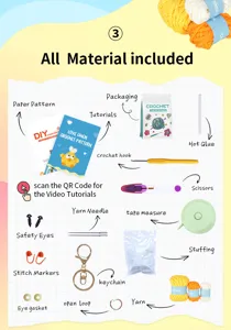 Vista dettagliata del kit all'uncinetto con tutti i materiali, filati e accessori.