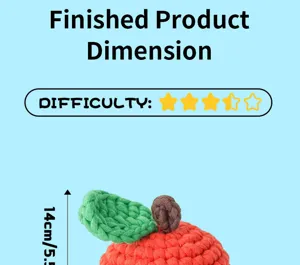 Handmade crochet fruit apple finished product dimension diagram with height and difficulty level.