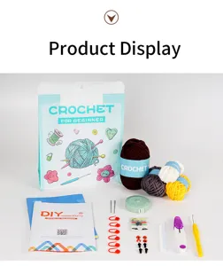 Kit da uncinetto per principianti con gomitoli di lana ferri e manuale per progetti creativi.