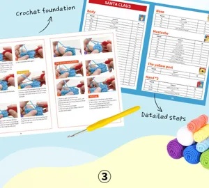 Kit uncinetto DIY con manuale in inglese, gomitoli colorati e uncinetto per creazioni artigianali.