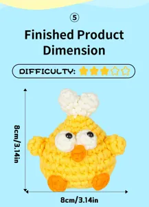 Bambola pulcino giallo uncinetto fatta a mano guida alle dimensioni del prodotto finito DIY.