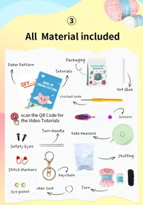 Detailed view showing all included materials, yarns, crochet hooks, and pattern for DIY craft.