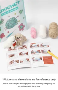 Details van de haakset voor beginners met garen, handgemaakte puppy's en instructies.