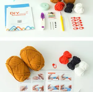 Kit de ganchillo para principiantes con hilo de colores, agujas y guia detallada para manualidades.